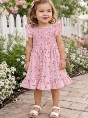 Japna Kids Smocked Floral Dress 2T Pink Flutter Sleeve Ruffle Hem